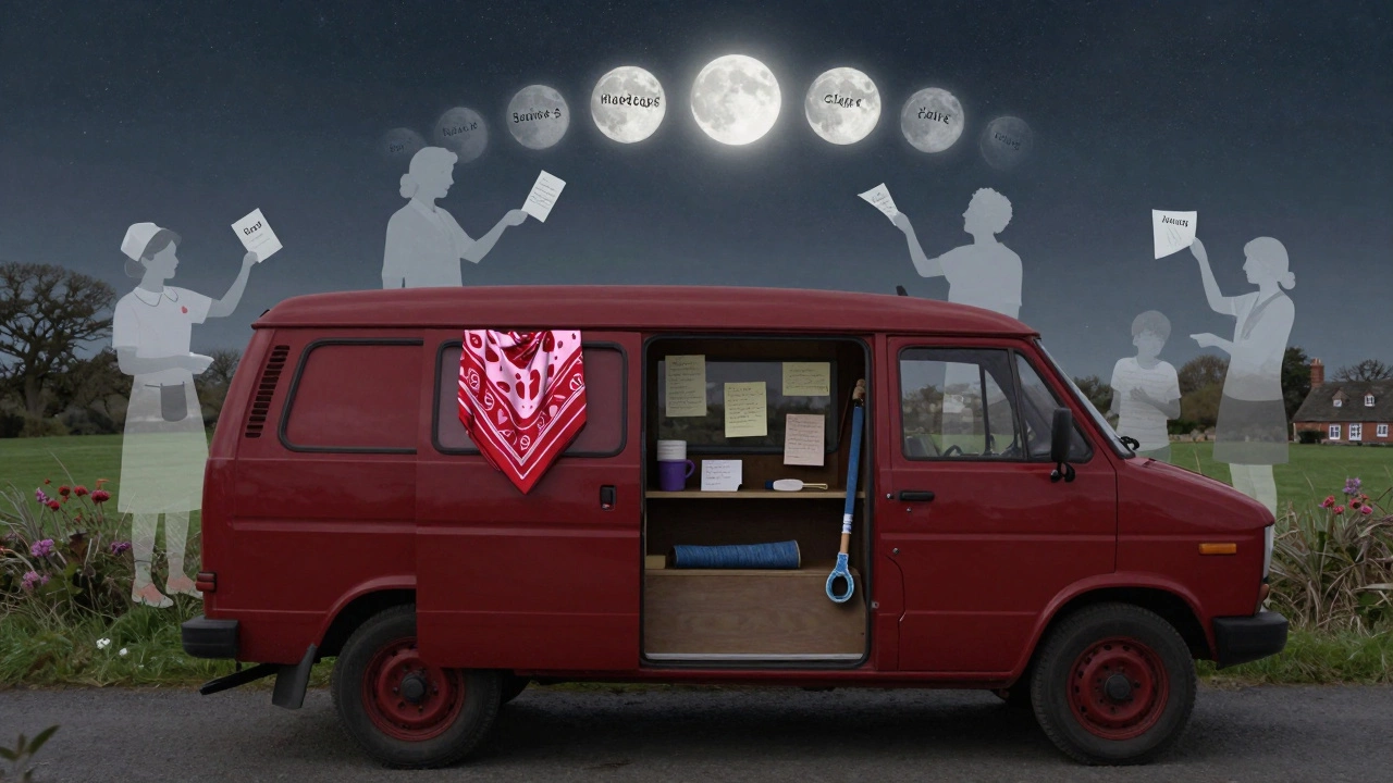 A crimson 1978 Bedford van parked in a rural UK village, radiating quiet comfort with floating silhouettes of seekers.