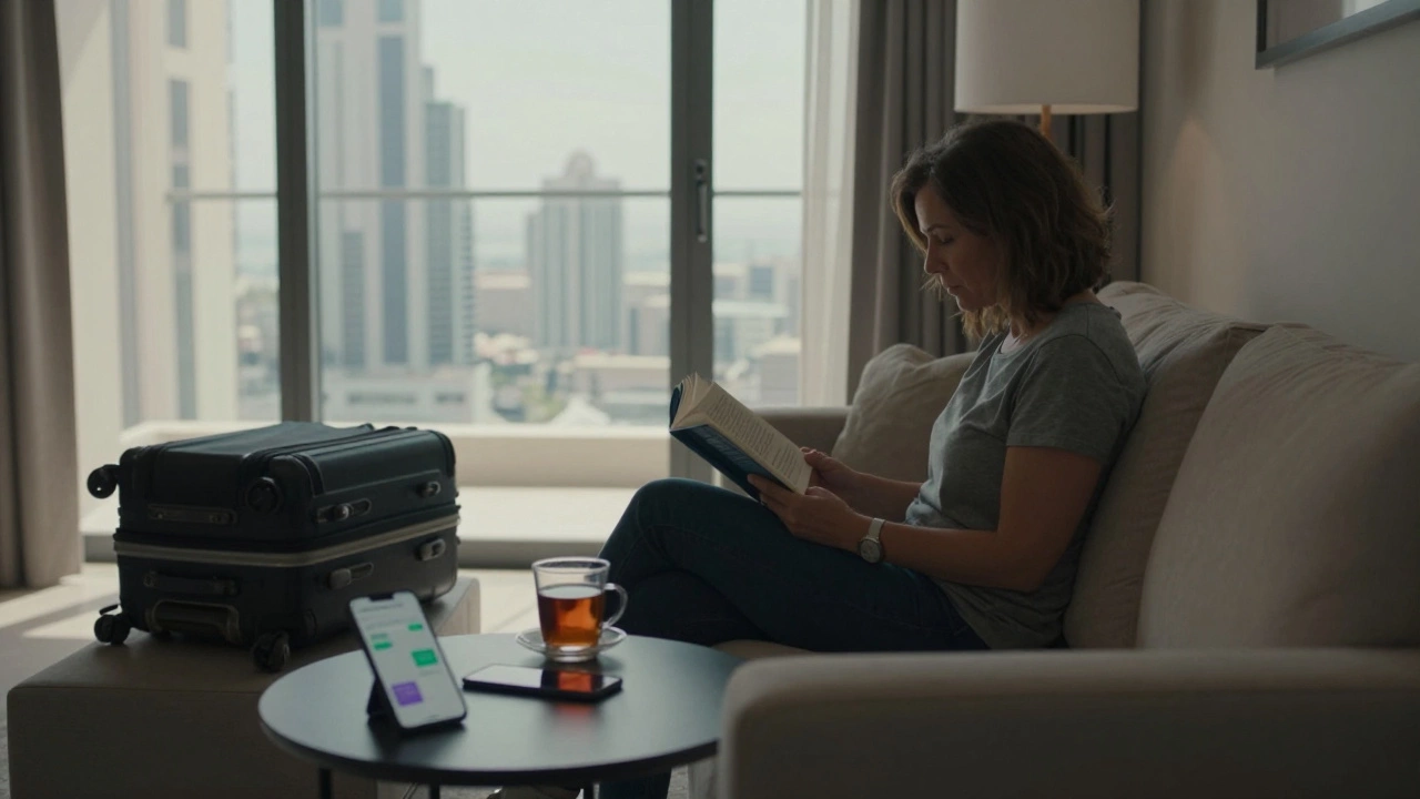 A mature woman in a Dubai apartment reading, with an encrypted phone nearby, sunlight streaming through windows.