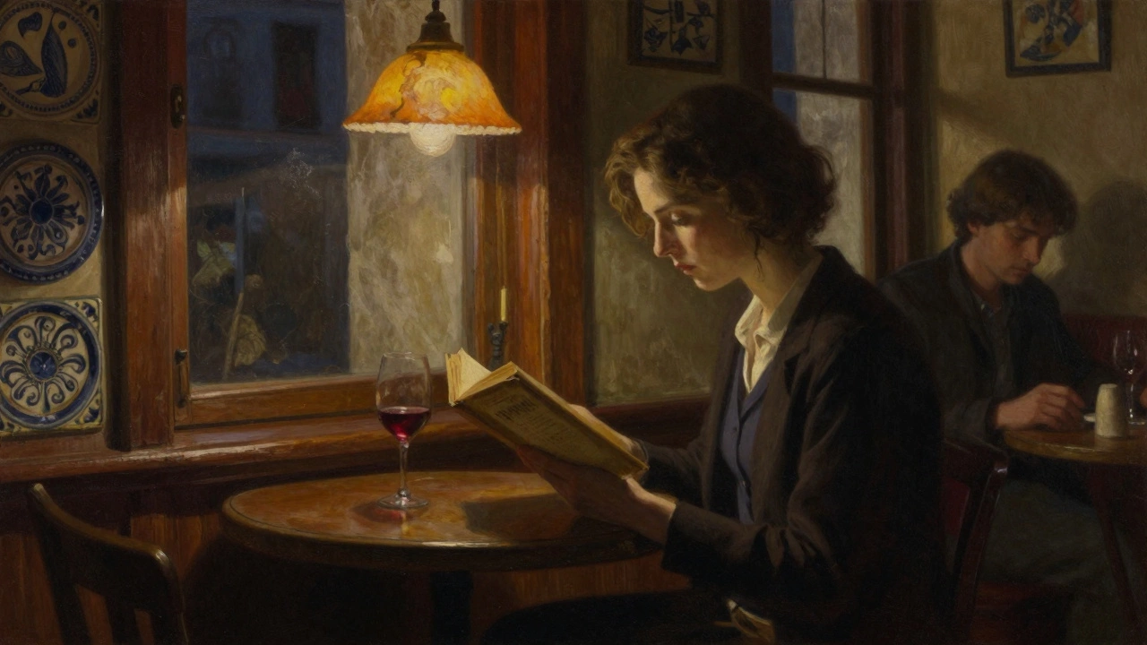 A woman reads a faded book in a dimly lit Corsican café, warm light casting quiet shadows.