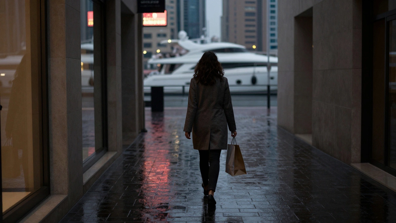 A woman walking away in a Dubai alley at twilight, her reflection faint in a storefront window.