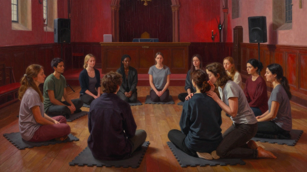 Moira leading a silent consent workshop in a dimly lit church hall, participants seated in a circle with quiet focus.