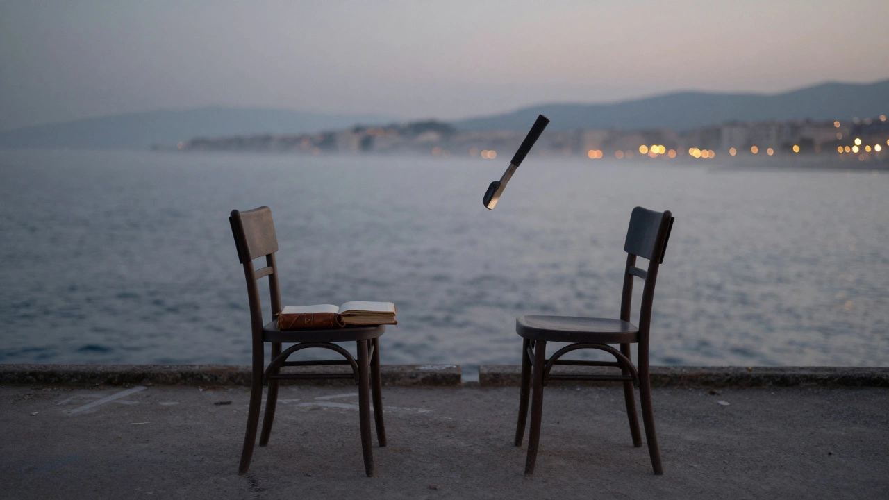Two empty chairs on a misty pier, a floating piano key and open journal symbolize silent connection.